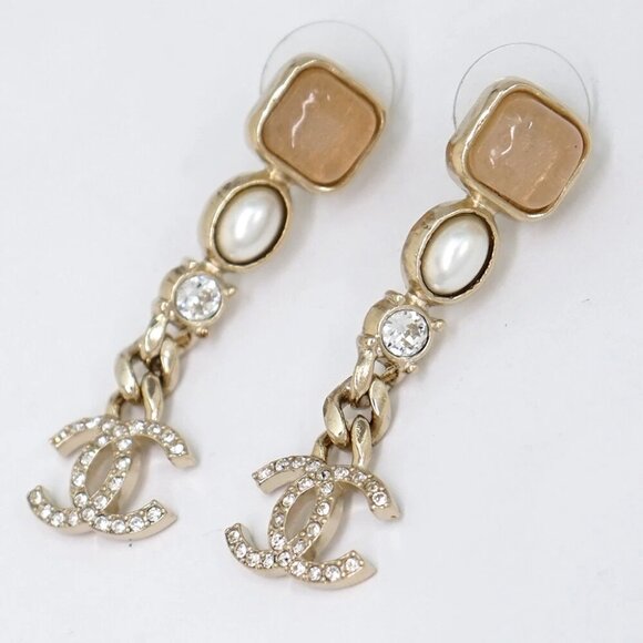 CHANEL CC Logos Rhinestone Pearl Dangle Stud Earrings Gold Tone A21K Auth w/Box - Picture 3 of 8